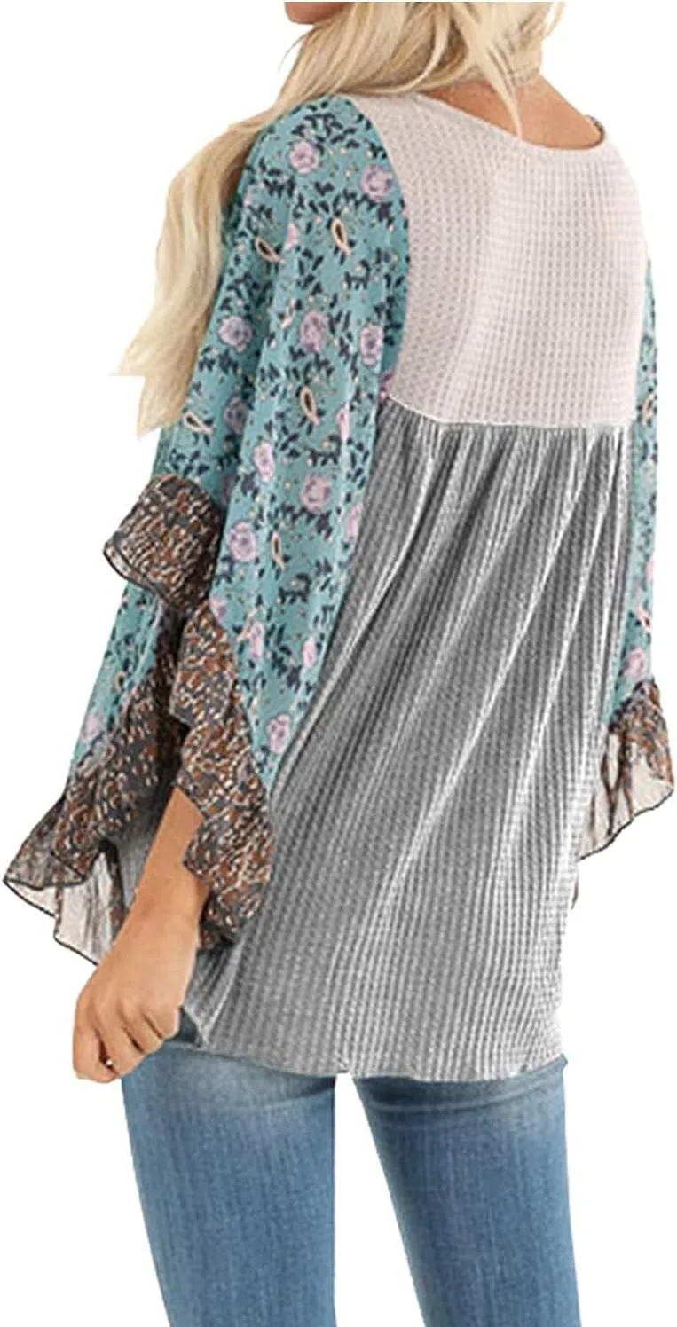 CASURESS Womens Floral Printed 3 4 Sleeve Shirt Batwing Loose Tops Blouses Pullover