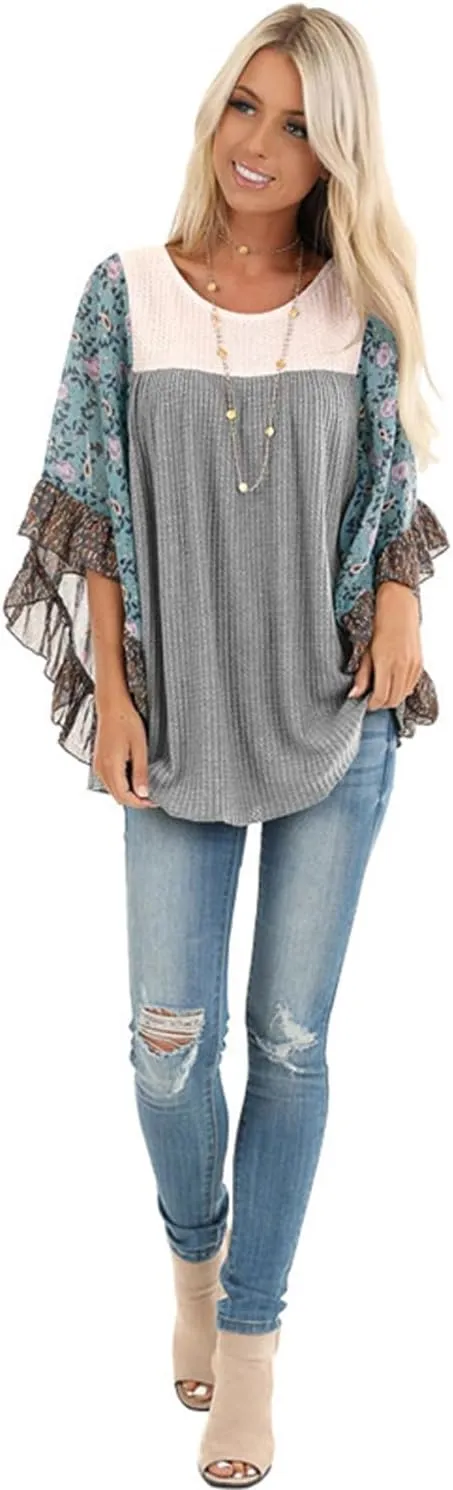 CASURESS Womens Floral Printed 3 4 Sleeve Shirt Batwing Loose Tops Blouses Pullover