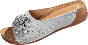 Chic Flower Sandals for Women Orthopedic Arch Support Leather Slippers Comfortable Non-Slip Solid Color Open-Toe Wedge Sandals Breathable Summer Orthotic Platform Wedge