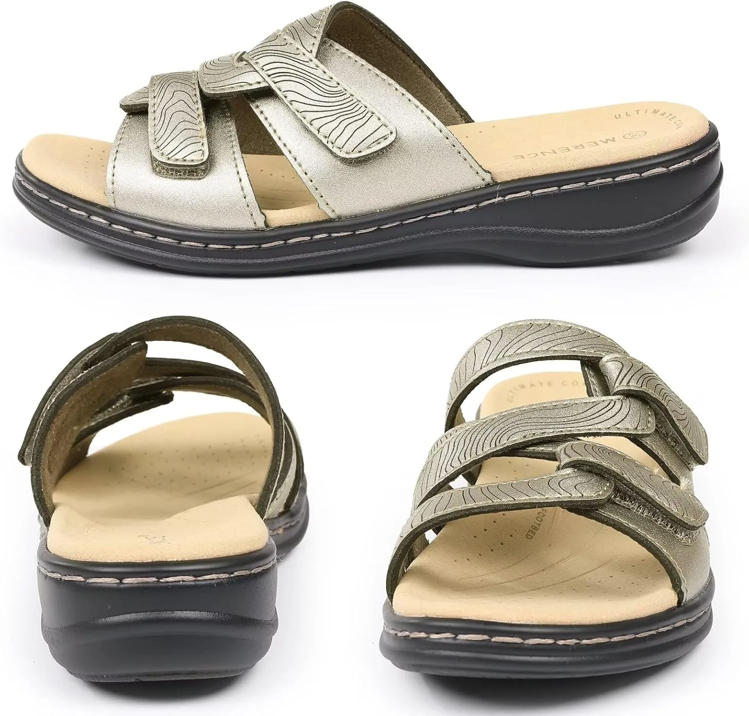 CIOR Classic Leather Womens Slides Arch Support Adjustable Hook and Loop Slip on Flat Sandals