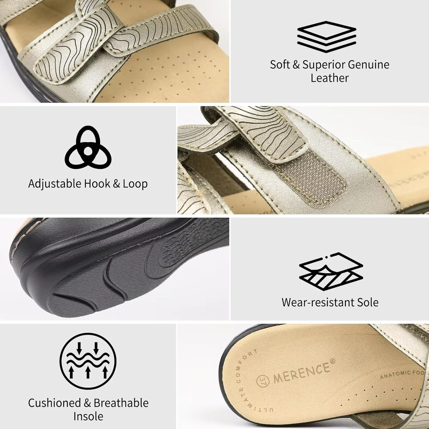 CIOR Classic Leather Womens Slides Arch Support Adjustable Hook and Loop Slip on Flat Sandals