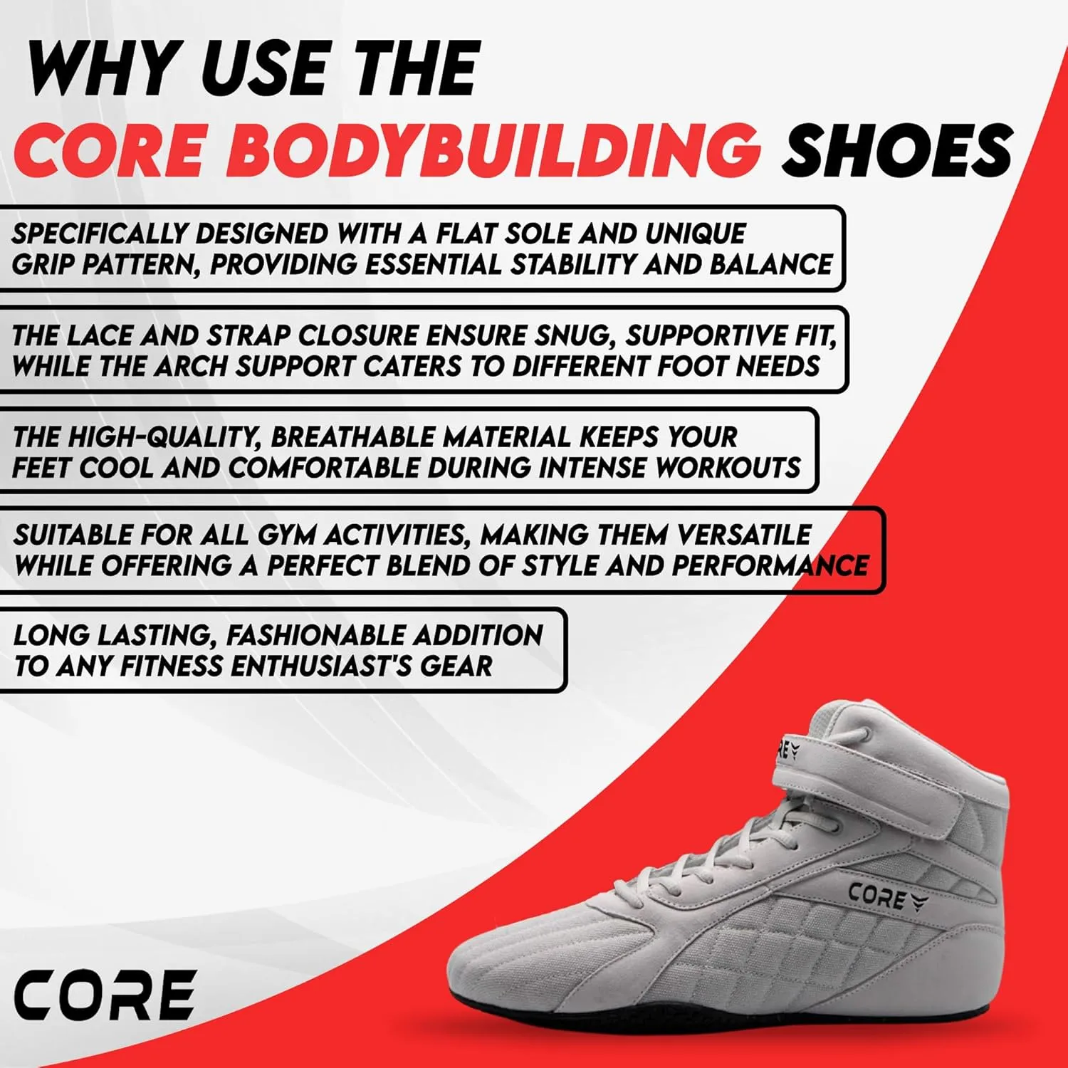 CORE Bodybuilding Shoes - Squat Shoes for Men and Women - Weightlifting Shoes for Powerlifting, Deadlifting & Gym Training - Non-Slip Flat Sole Weight Lifting Shoes - Deadlift Shoes with Arch Support