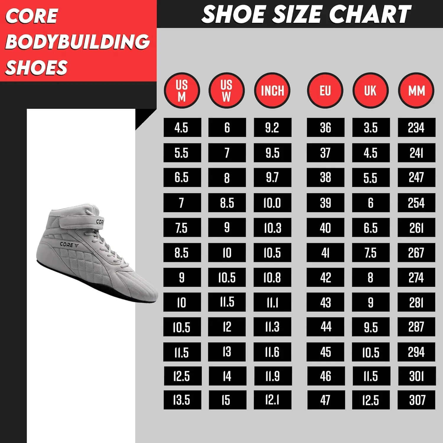 CORE Bodybuilding Shoes - Squat Shoes for Men and Women - Weightlifting Shoes for Powerlifting, Deadlifting & Gym Training - Non-Slip Flat Sole Weight Lifting Shoes - Deadlift Shoes with Arch Support