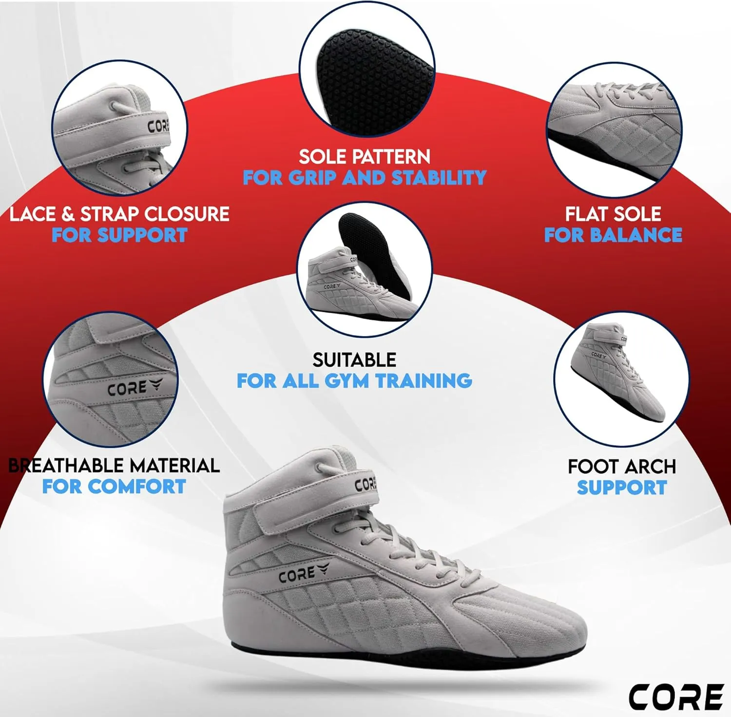 CORE Bodybuilding Shoes - Squat Shoes for Men and Women - Weightlifting Shoes for Powerlifting, Deadlifting & Gym Training - Non-Slip Flat Sole Weight Lifting Shoes - Deadlift Shoes with Arch Support