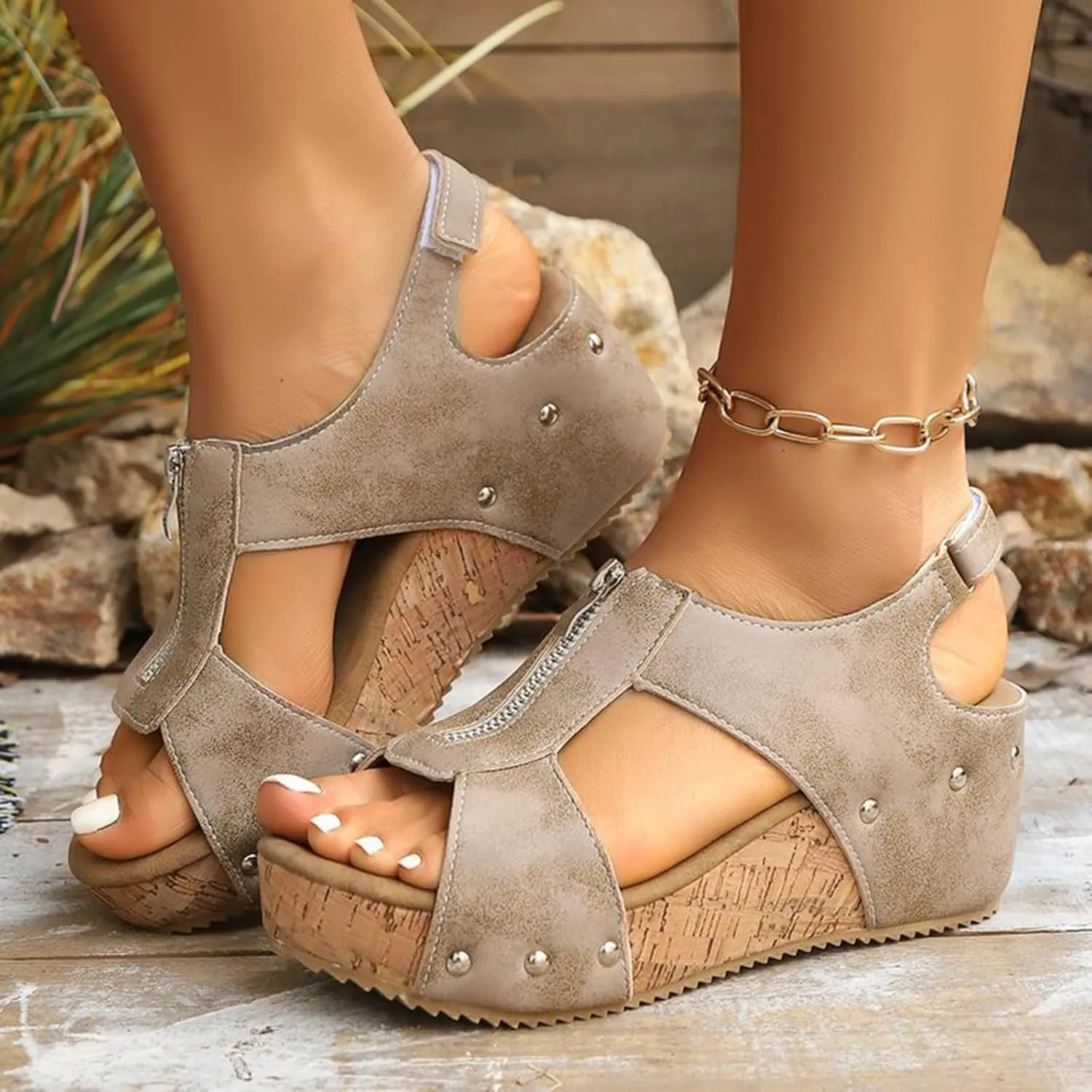 Cork Wedge Sandals For Women Summer Orthopedic Sandals With Arch Support Hollow Out Slip On Zipper Leather Slides