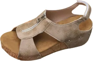Cork Wedge Sandals For Women Summer Orthopedic Sandals With Arch Support Hollow Out Slip On Zipper Leather Slides