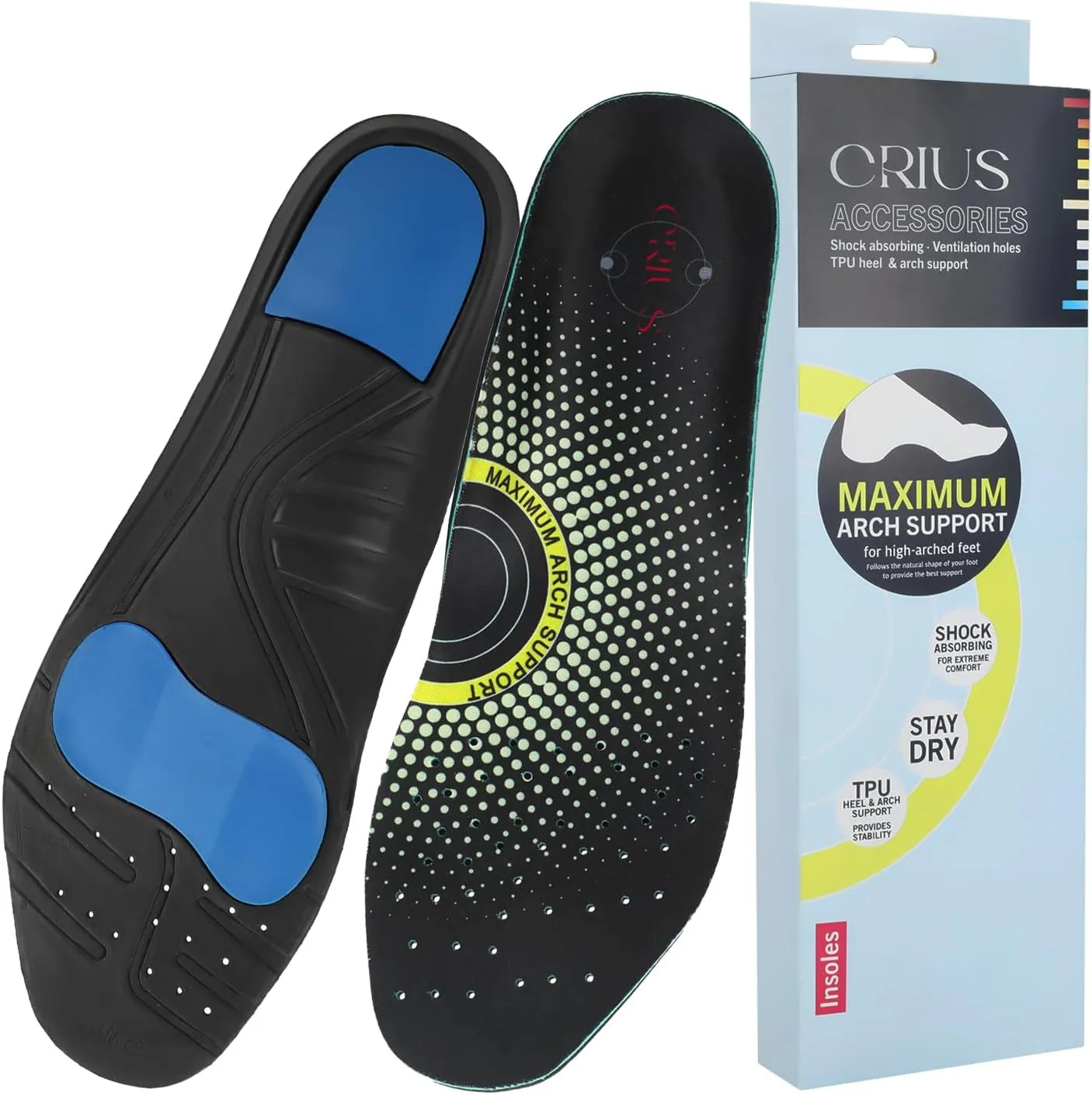 CRIUS Maximum Arch Support Insoles, Shock Absorbing, TPU Heel and Arch Support (EU38/UK-L5/US-L6.5)
