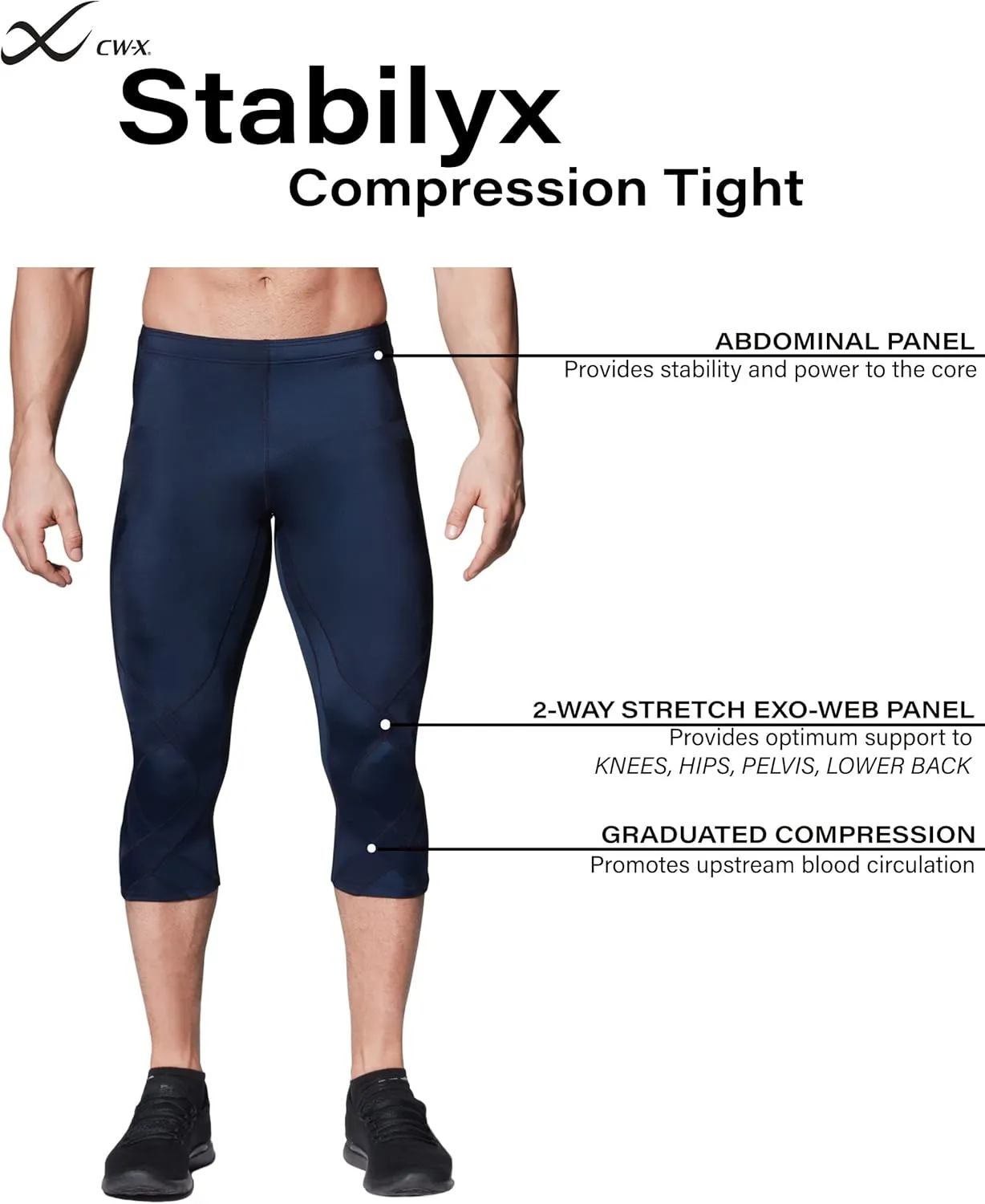 CW-X Men's Stabilyx Joint Support 3/4 Compression Tight, Capri Pants for Running and Recovery