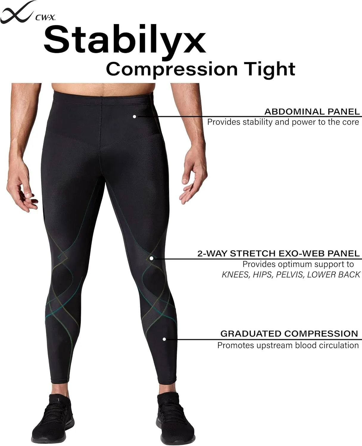 CW-X Men's Stabilyx Joint Support Compression Sports Tights, Pants for Running and Recovery