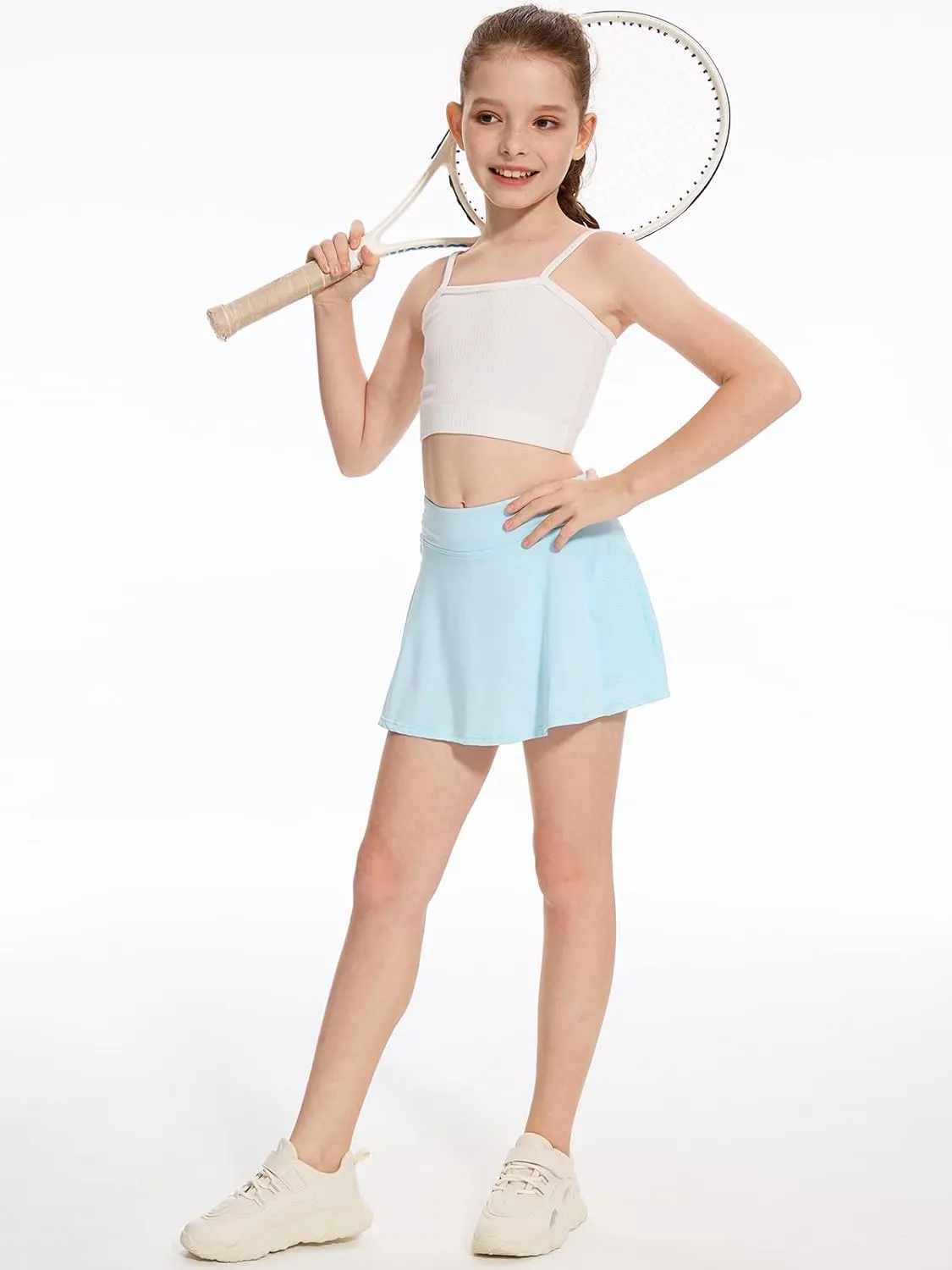 DEVOROPA Girls Tennis Skirts Stretch Adjustable Waist Youth Golf Athletic Pleated Skorts Lining Kids Cheer Shorts Pocket