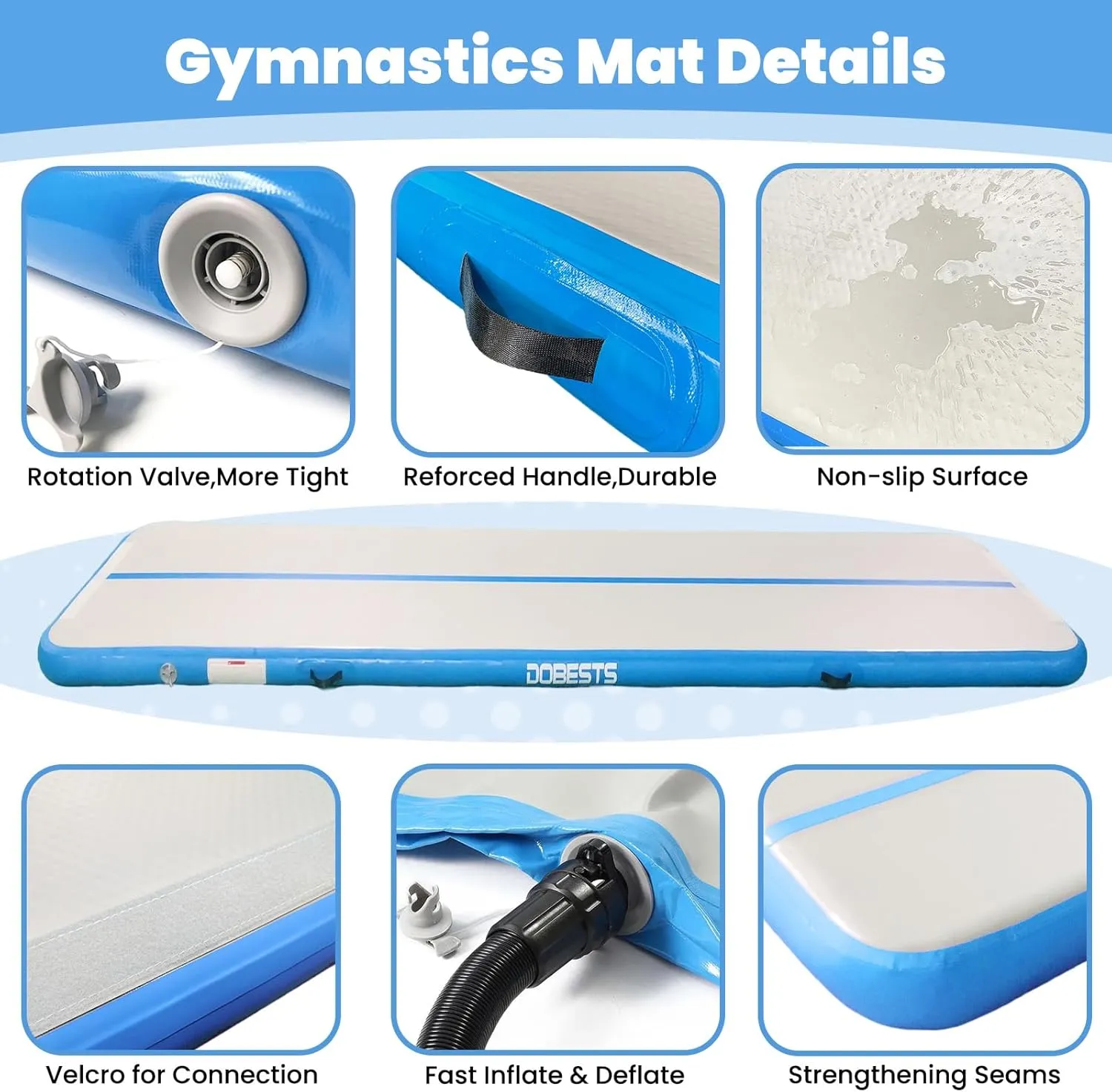 DOBESTS Inflatable Gymnastics Mat Air Track Tumbling Mats 6.6ft 10ft 13ft 16ft 20ft 4/8 Inch Thick Air Mat Tumble Track Air Barrel Gymnastics Roller Back Handspring Trainer