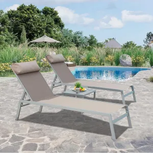 Domi Patio 3 Pieces Aluminum Textilene Chaise Lounge Set with Side Table Outdoor, Adjustable Back and Pillow for Yard Garden Sunbathing for All Seasons Khaki