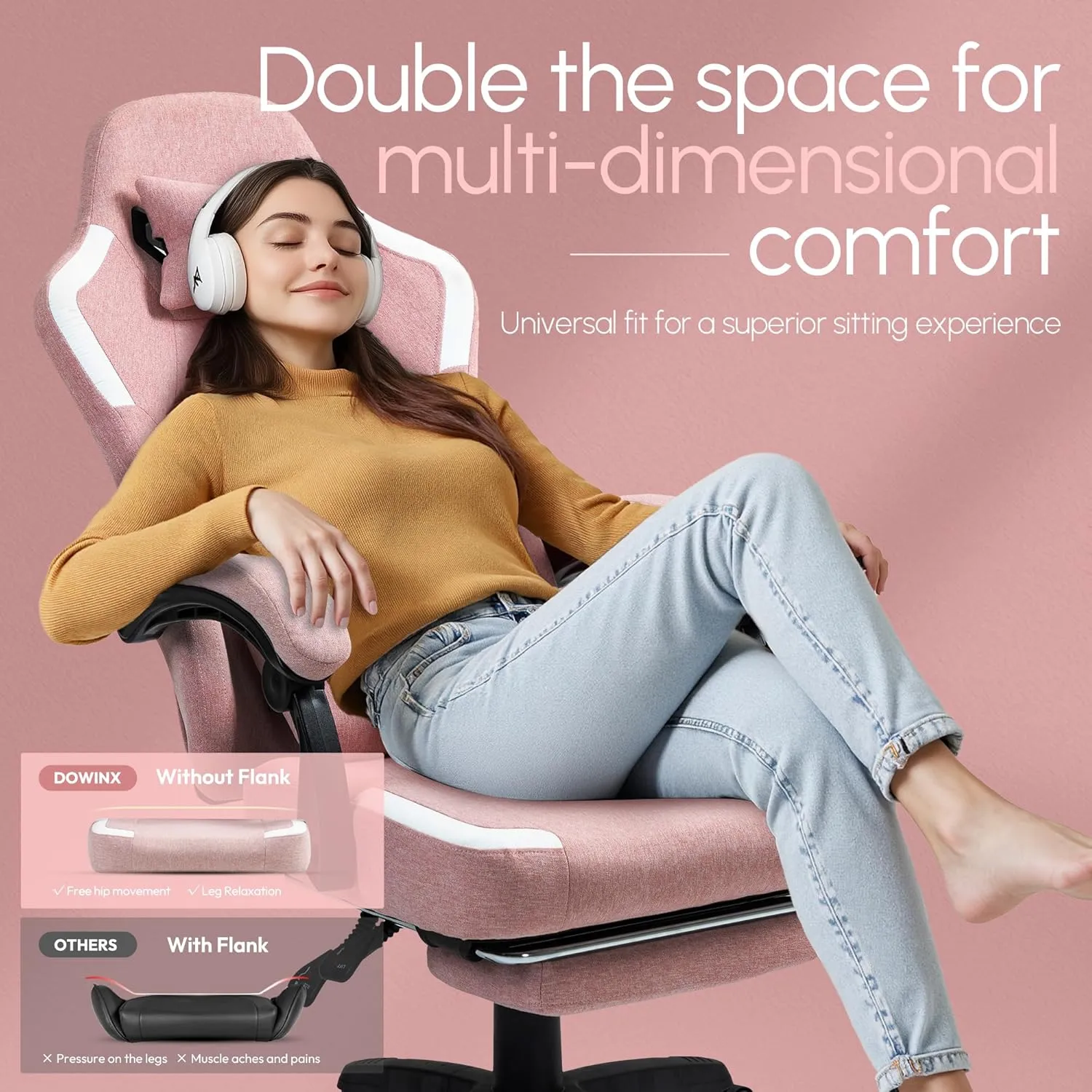 Dowinx Fabric Gaming Chair with Pocket Spring Cushion,Breathable Computer Chair with Massage Lumbar Support and Footrest,High Back Game Office Chair for Adult,Pink