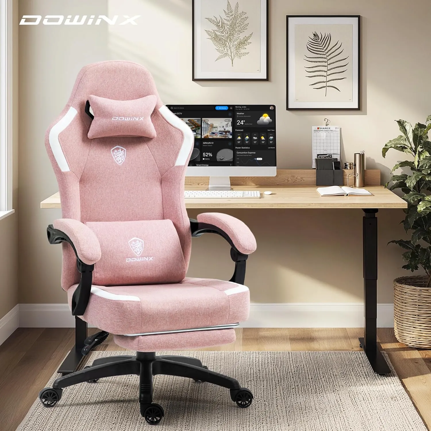 Dowinx Fabric Gaming Chair with Pocket Spring Cushion,Breathable Computer Chair with Massage Lumbar Support and Footrest,High Back Game Office Chair for Adult,Pink
