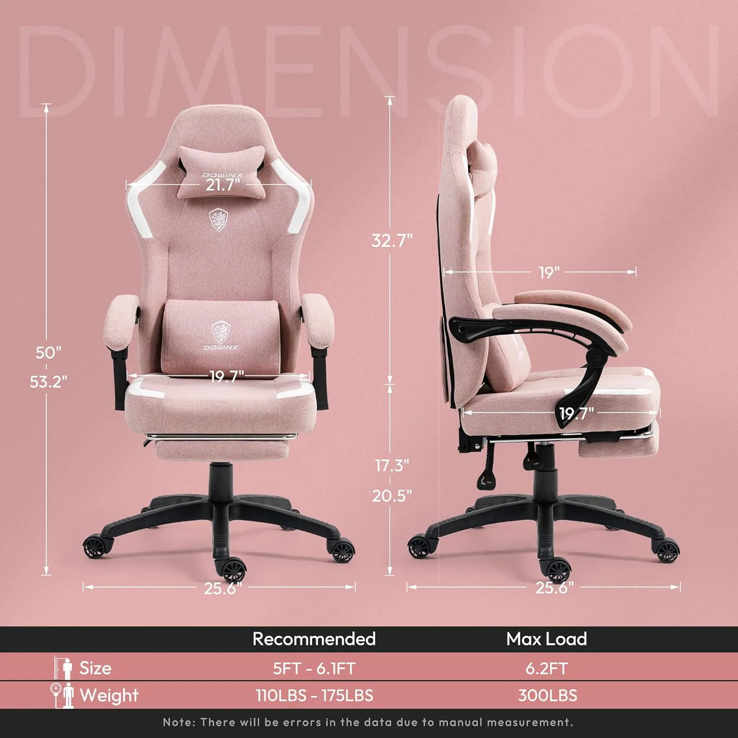 Dowinx Fabric Gaming Chair with Pocket Spring Cushion,Breathable Computer Chair with Massage Lumbar Support and Footrest,High Back Game Office Chair for Adult,Pink