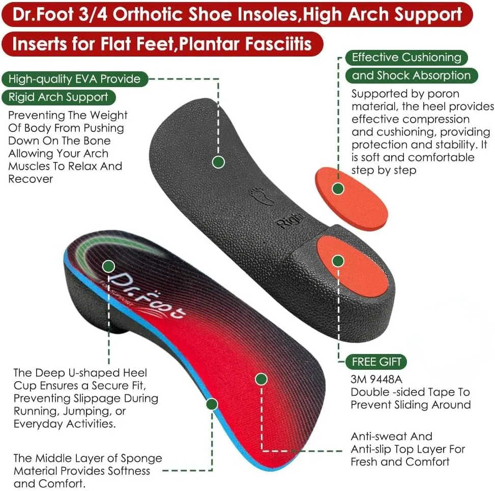 Dr. Foot 3/4 Orthotics Shoe Insoles, High Arch Supports Inserts for Flat Feet, Plantar Fasciitis, Over-Pronation, Fallen Arches (Red, Medium(Men's 6.5-8.5 / Women's 7.5-9.5))