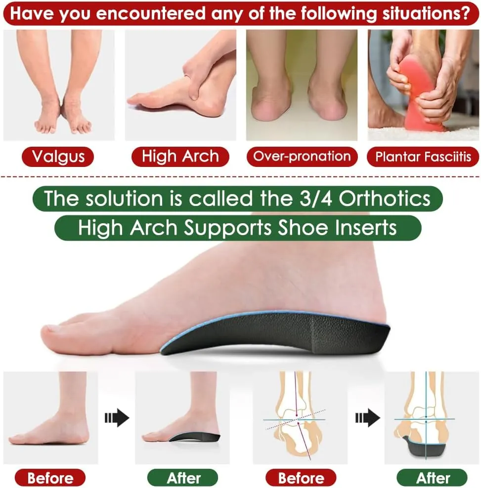 Dr. Foot 3/4 Orthotics Shoe Insoles, High Arch Supports Inserts for Flat Feet, Plantar Fasciitis, Over-Pronation, Fallen Arches (Red, Medium(Men's 6.5-8.5 / Women's 7.5-9.5))