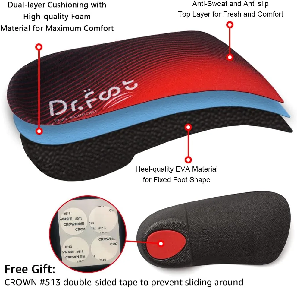 Dr. Foot's 3/4 Length Orthotic Insoles, High Arch Support Inserts for Flat Feet Plantar Fasciitis Over-Pronation and Foot Pain (X-Small (Men's 3-4.5 / Women's 4-5.5))