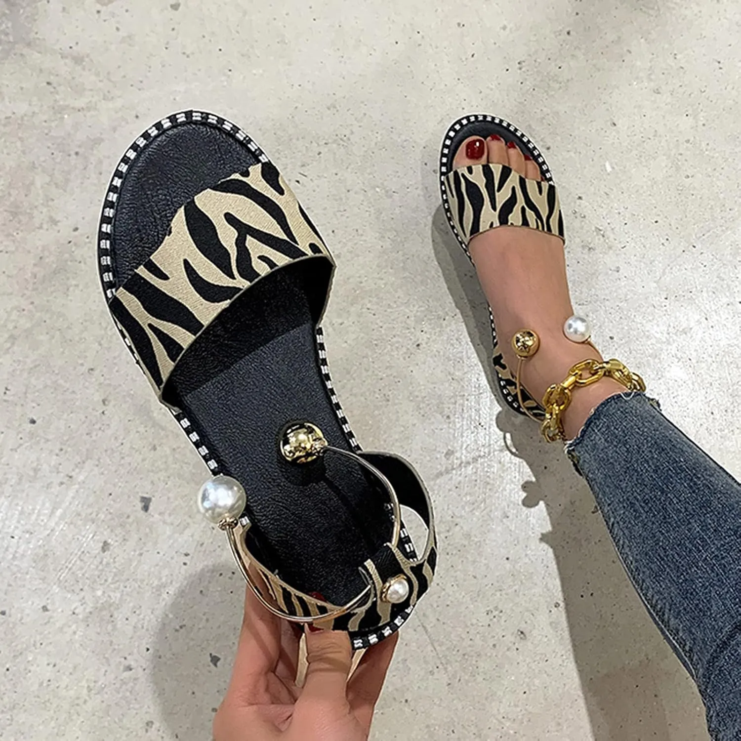 Dressy Flat Sandals for Women Peep toe Falt Pearl One Strap Slingback Flat Sandals for Women Summer