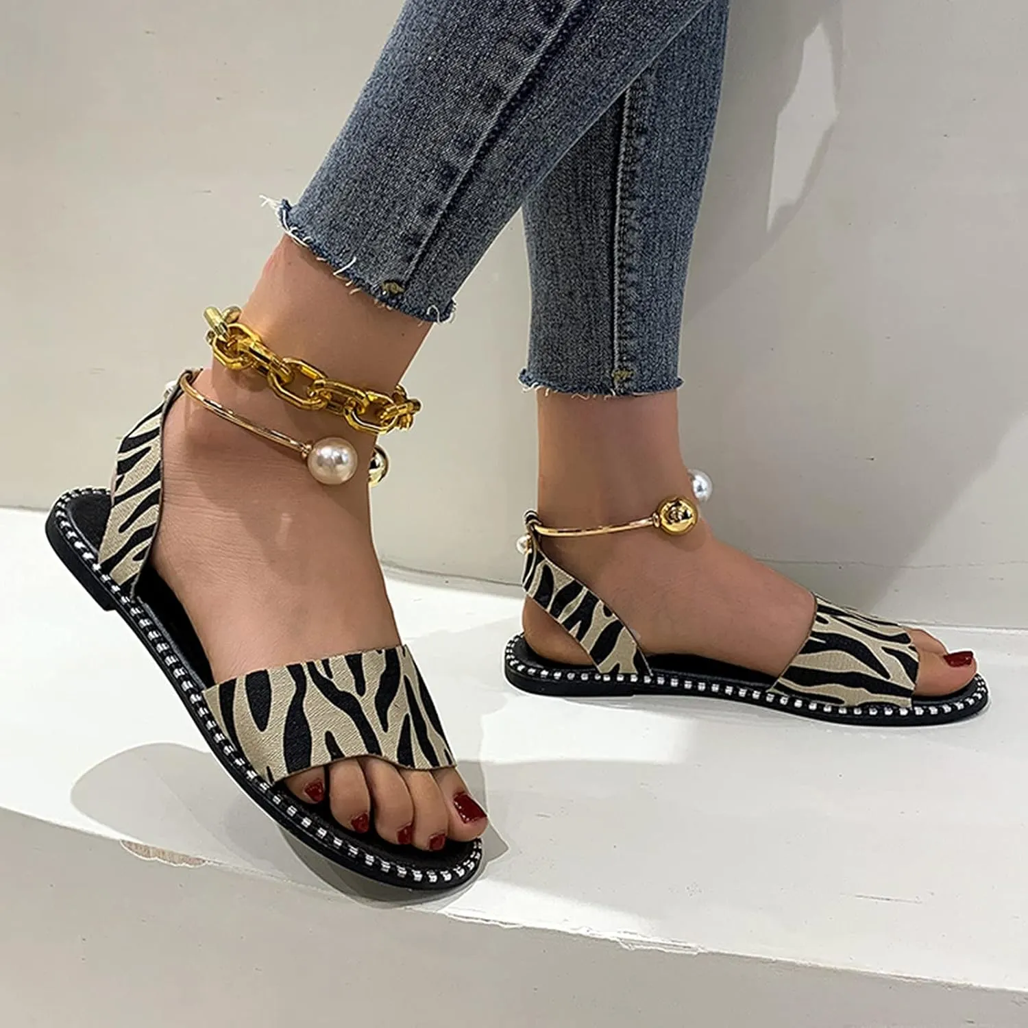 Dressy Flat Sandals for Women Peep toe Falt Pearl One Strap Slingback Flat Sandals for Women Summer