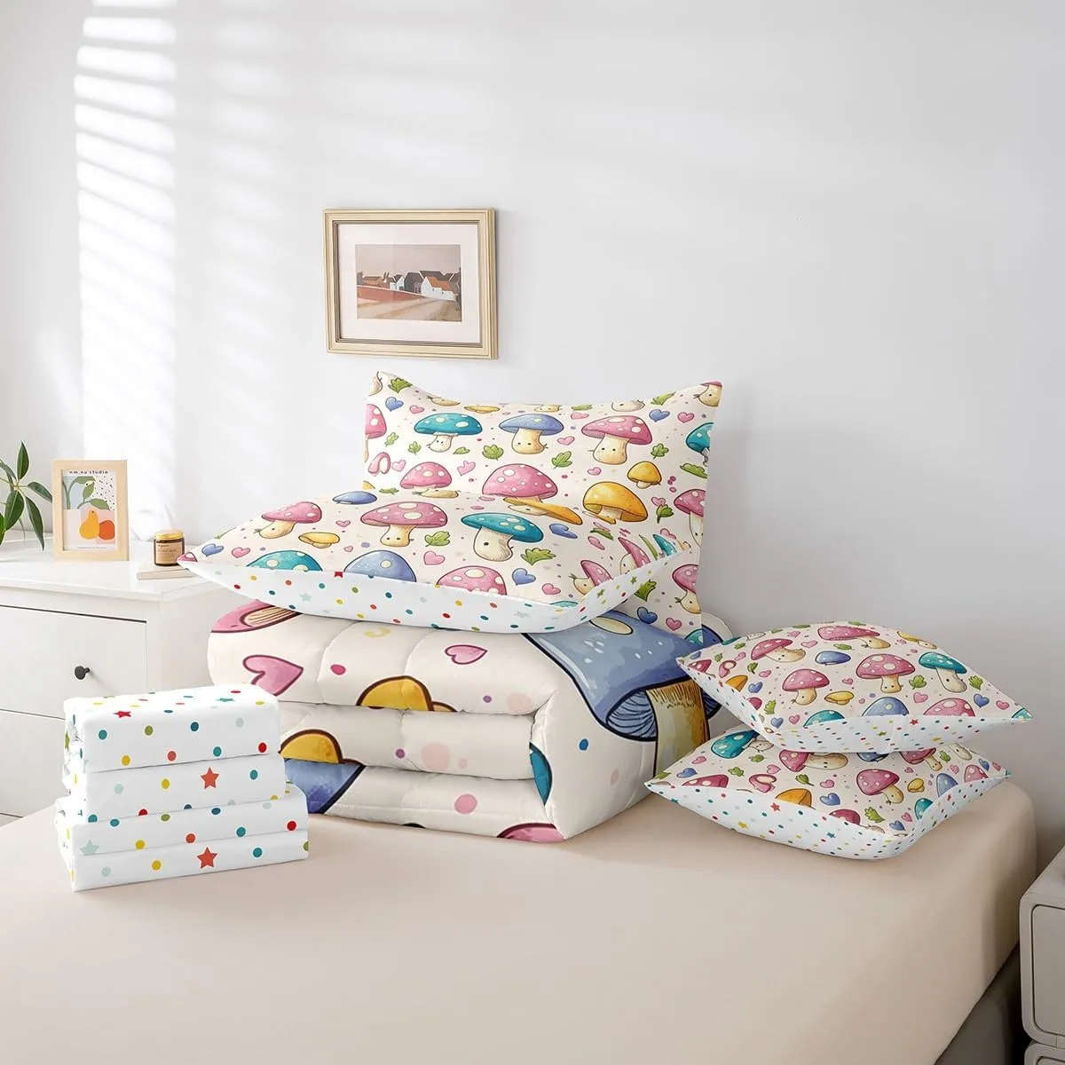 Erosebridal Cute Mushroom Comforter Set for Kids Boys Girls 7 Piece Full Cartoon Mushroom Print Quilt with Flat Fitted Sheet Farmhouse Botanical Fungus Bed in A Bag Pink Blue Love Heart Bedding Sets