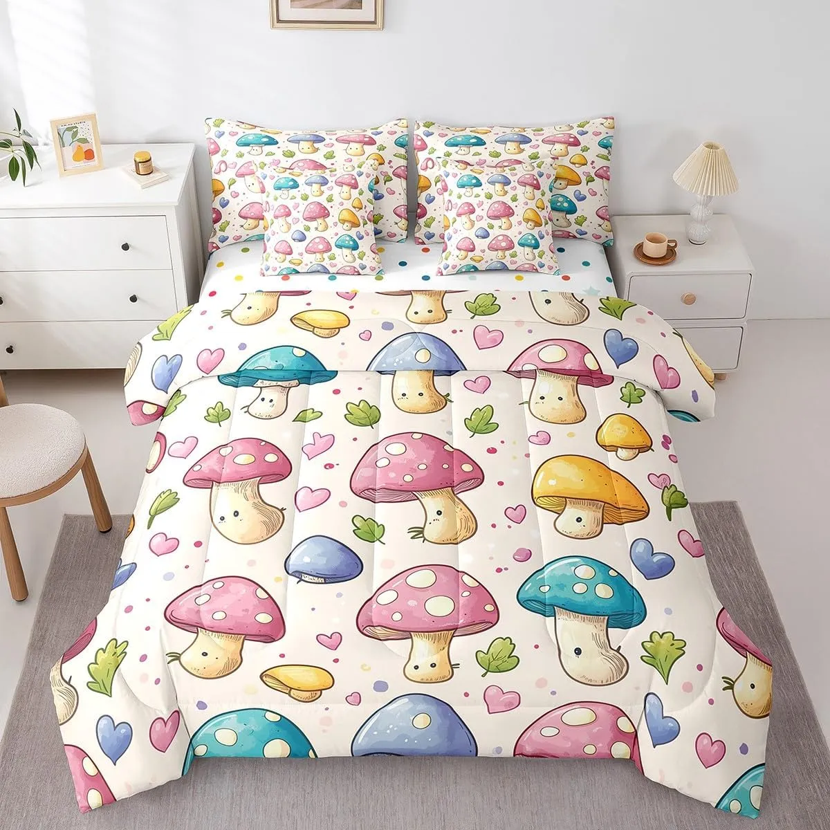 Erosebridal Cute Mushroom Comforter Set for Kids Boys Girls 7 Piece Full Cartoon Mushroom Print Quilt with Flat Fitted Sheet Farmhouse Botanical Fungus Bed in A Bag Pink Blue Love Heart Bedding Sets