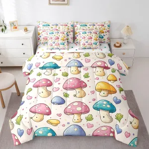 Erosebridal Cute Mushroom Comforter Set for Kids Boys Girls 7 Piece Full Cartoon Mushroom Print Quilt with Flat Fitted Sheet Farmhouse Botanical Fungus Bed in A Bag Pink Blue Love Heart Bedding Sets