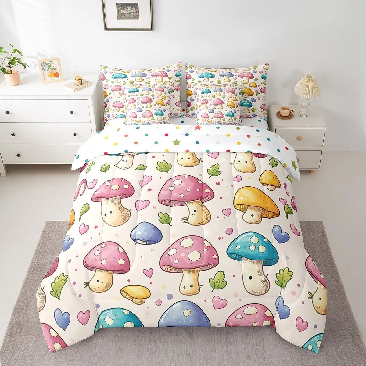 Erosebridal Cute Mushroom Comforter Set for Kids Boys Girls 7 Piece Full Cartoon Mushroom Print Quilt with Flat Fitted Sheet Farmhouse Botanical Fungus Bed in A Bag Pink Blue Love Heart Bedding Sets