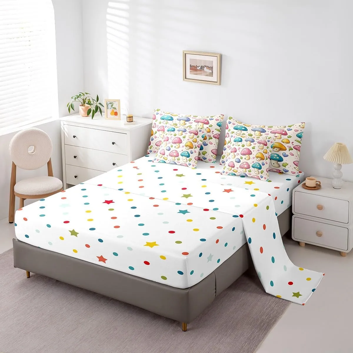 Erosebridal Cute Mushroom Comforter Set for Kids Boys Girls 7 Piece Full Cartoon Mushroom Print Quilt with Flat Fitted Sheet Farmhouse Botanical Fungus Bed in A Bag Pink Blue Love Heart Bedding Sets