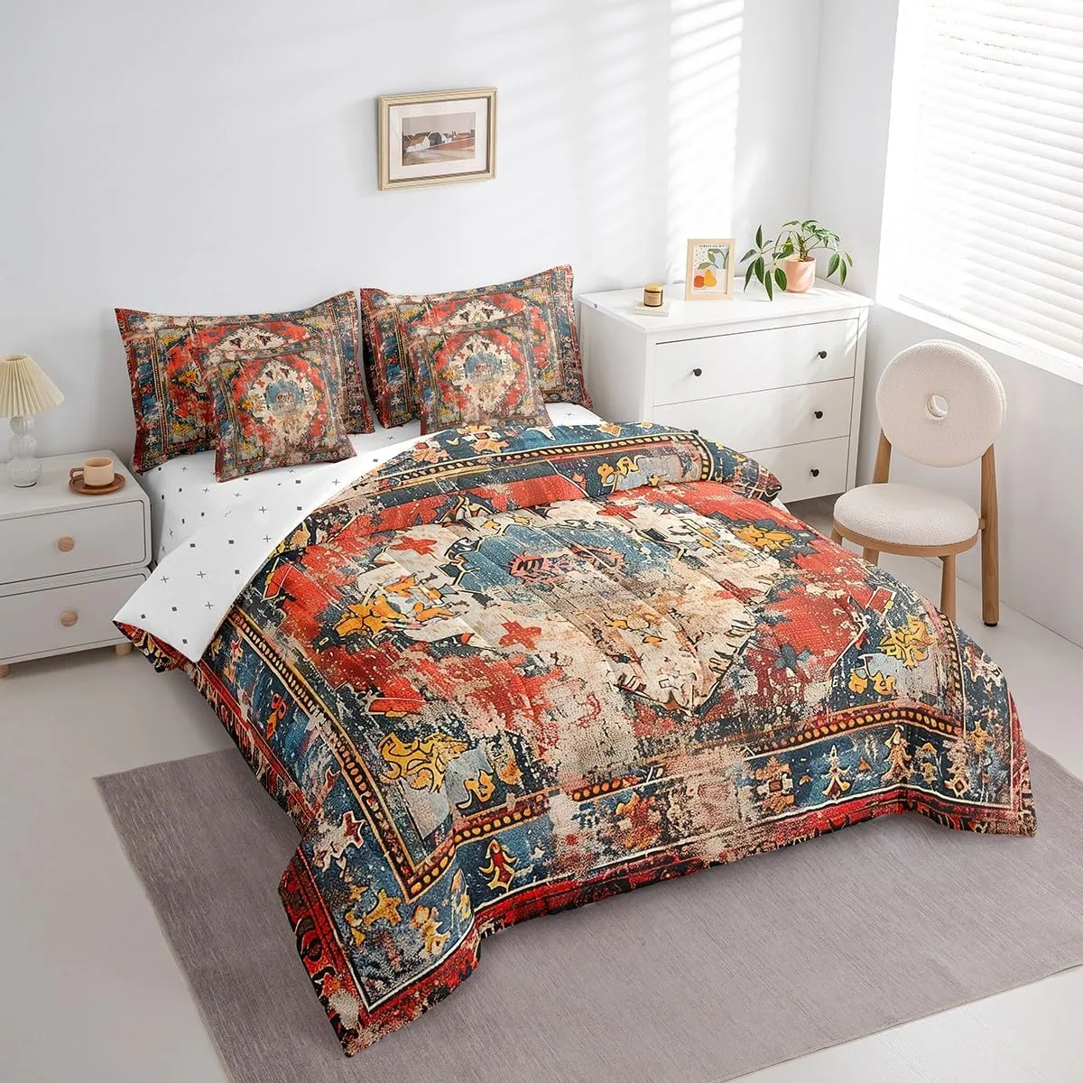 Erosebridal Ethnic Tribal 7 Pcs Comforter Set Queen,Bohemian Flower Bed Set for Girls Women Teens,Distressed Bedding Boho Medallion Bed in a Bag,Vintage African Style Reversible Bedding Set,Red
