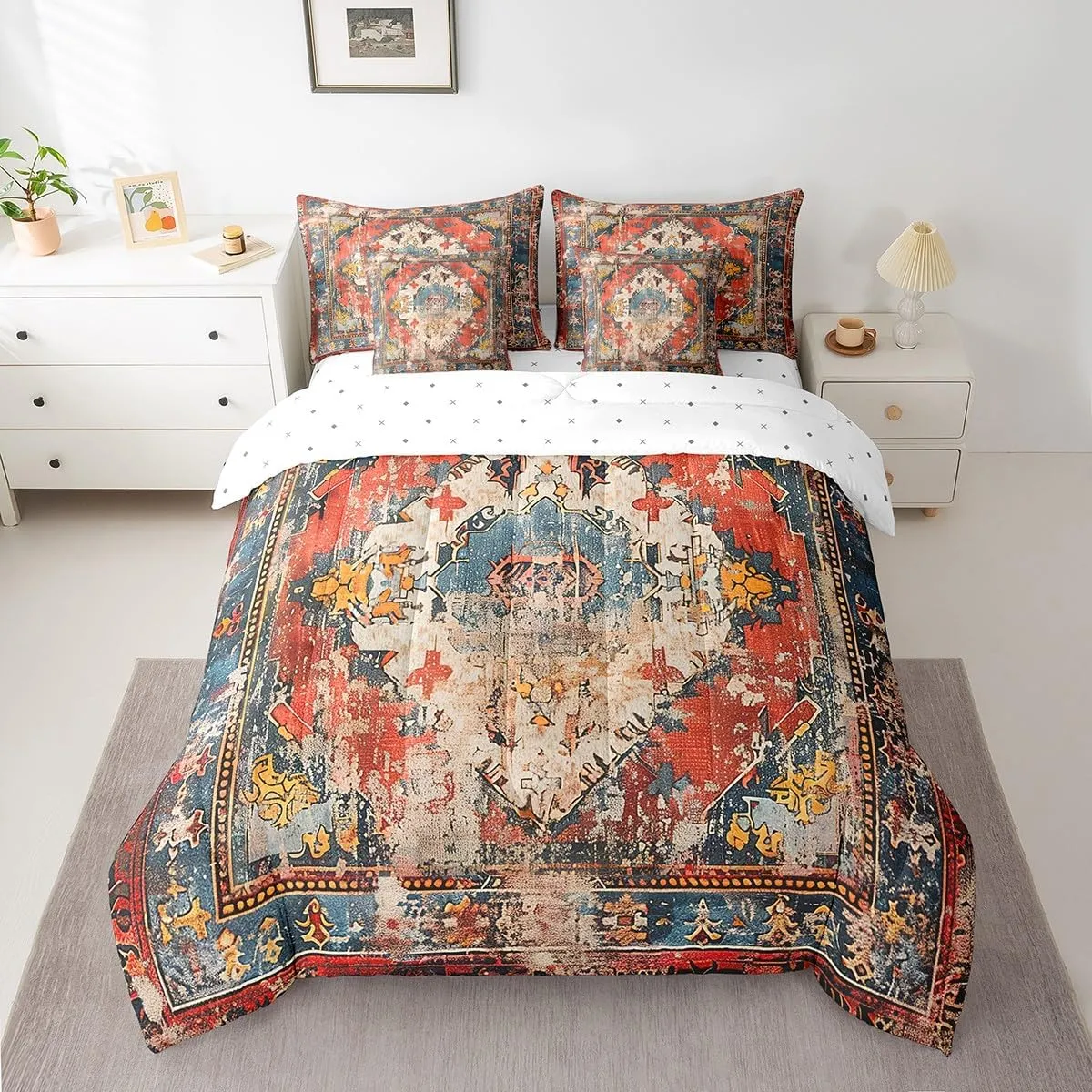Erosebridal Ethnic Tribal 7 Pcs Comforter Set Queen,Bohemian Flower Bed Set for Girls Women Teens,Distressed Bedding Boho Medallion Bed in a Bag,Vintage African Style Reversible Bedding Set,Red