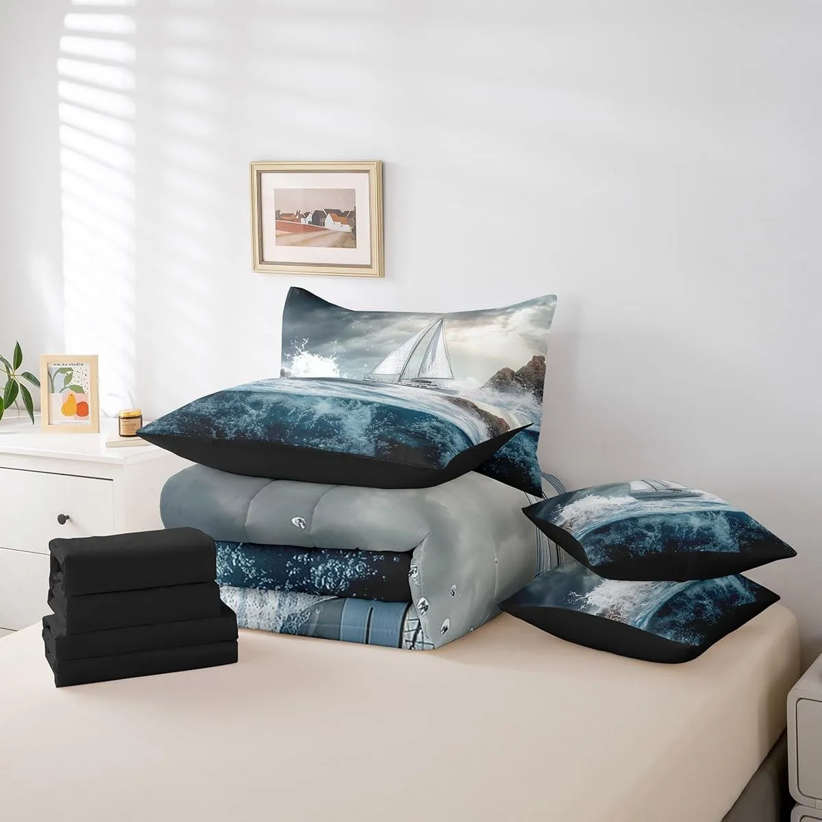 Erosebridal Sailboat Bed in a Bag Queen Size,Nautical Pirate Adventure Ocean Comforter Set 7 Pieces for Kids Boys Girls,Sky Blue Sailing Ship Bedding Sets,Teal Sea Water Wave Sheet Set with Comforter