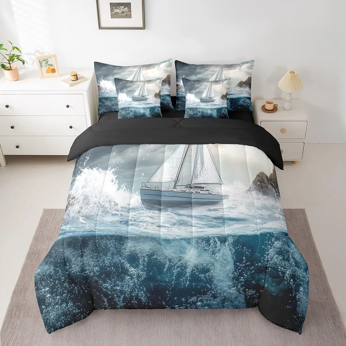 Erosebridal Sailboat Bed in a Bag Queen Size,Nautical Pirate Adventure Ocean Comforter Set 7 Pieces for Kids Boys Girls,Sky Blue Sailing Ship Bedding Sets,Teal Sea Water Wave Sheet Set with Comforter
