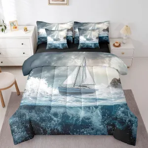 Erosebridal Sailboat Bed in a Bag Queen Size,Nautical Pirate Adventure Ocean Comforter Set 7 Pieces for Kids Boys Girls,Sky Blue Sailing Ship Bedding Sets,Teal Sea Water Wave Sheet Set with Comforter
