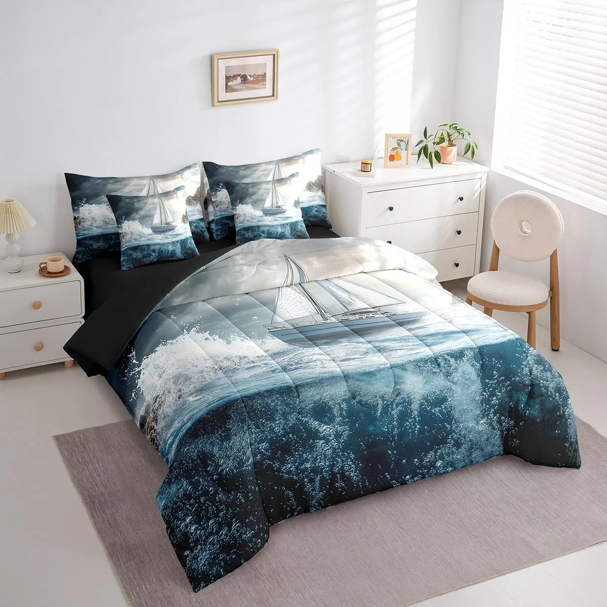 Erosebridal Sailboat Bed in a Bag Queen Size,Nautical Pirate Adventure Ocean Comforter Set 7 Pieces for Kids Boys Girls,Sky Blue Sailing Ship Bedding Sets,Teal Sea Water Wave Sheet Set with Comforter