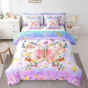Feelyou Butterfly 7 Piece Bedding Set for Girls Kids Queen Size Glitter Ombre Comforter Set with Sheets Colorful Bed in a Bag Flower Bed Set