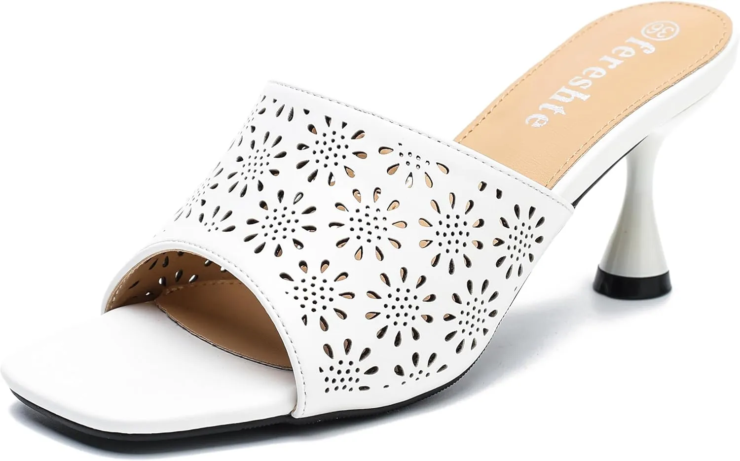 fereshte Womens Hollow Out Flower Sandals Slip On Sandals Square Toe Kitten Heeled Mules