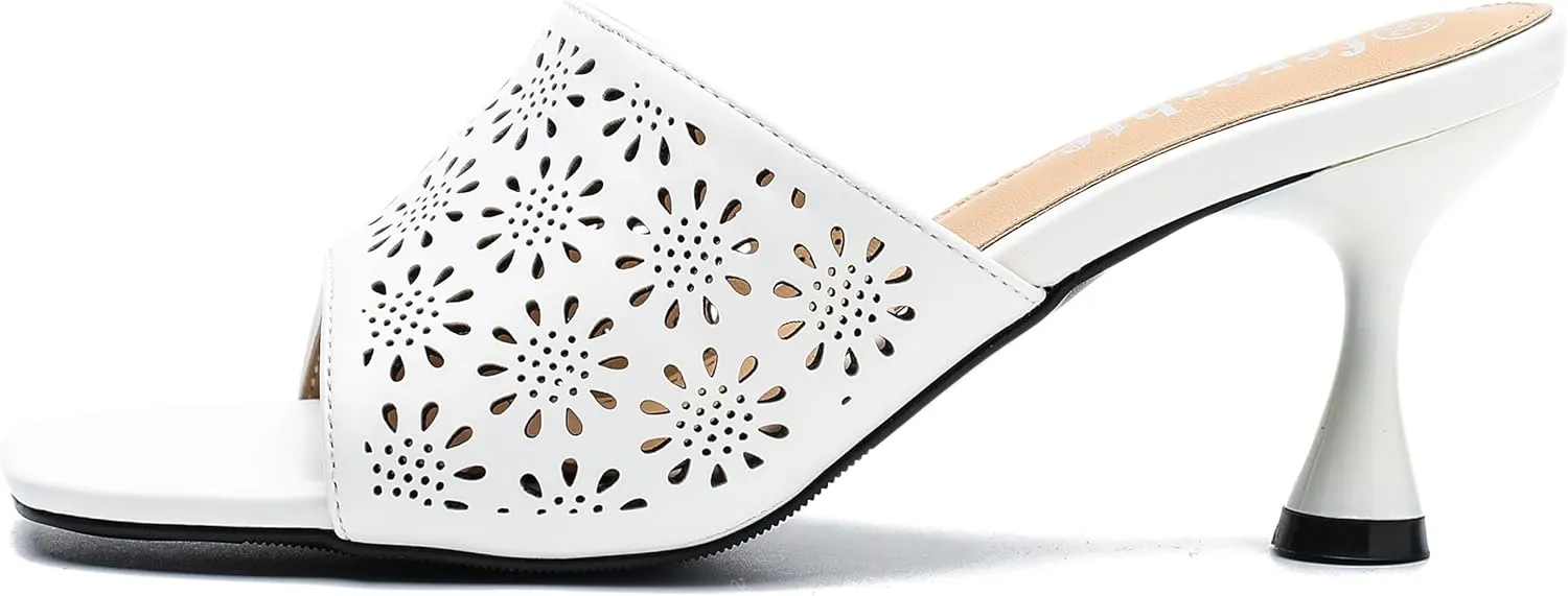 fereshte Womens Hollow Out Flower Sandals Slip On Sandals Square Toe Kitten Heeled Mules