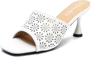fereshte Womens Hollow Out Flower Sandals Slip On Sandals Square Toe Kitten Heeled Mules