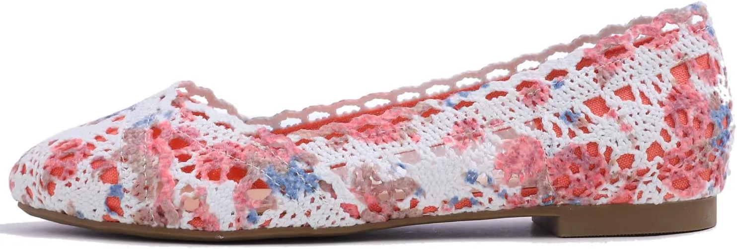FEVERSOLE Women's Comfort Breathable Knit Crochet Shoes Lace Ballet Flats