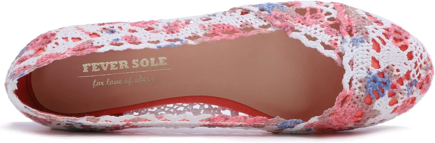 FEVERSOLE Women's Comfort Breathable Knit Crochet Shoes Lace Ballet Flats