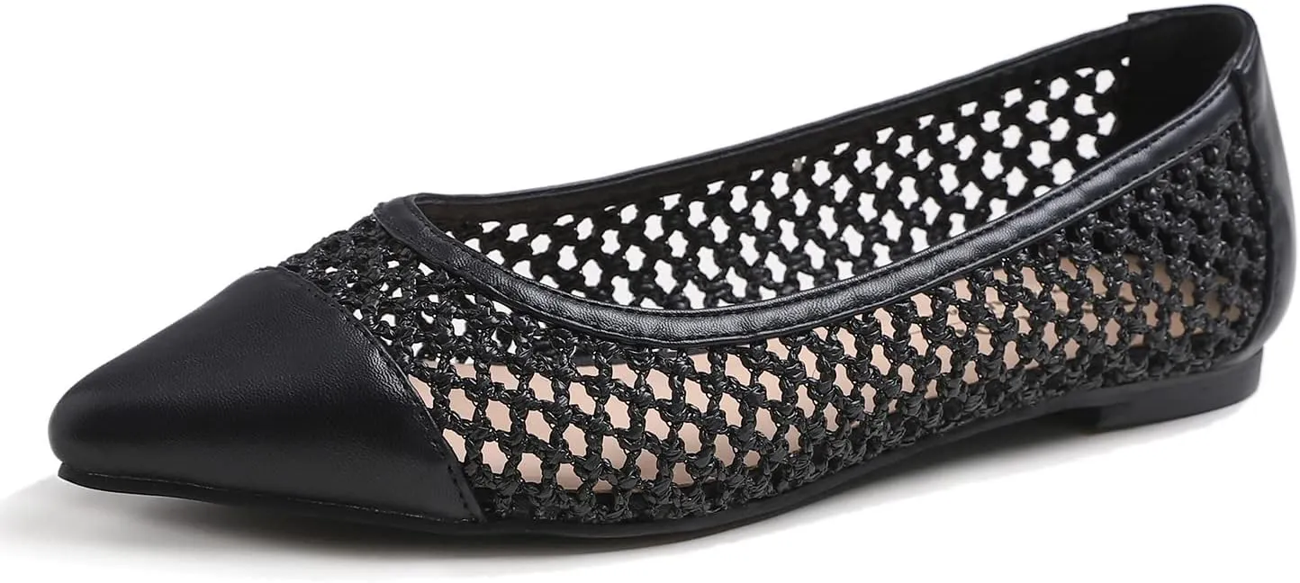 FEVERSOLE Women's Woven Pointy Fashion Cutouts Breathable Knit Flat Shoes