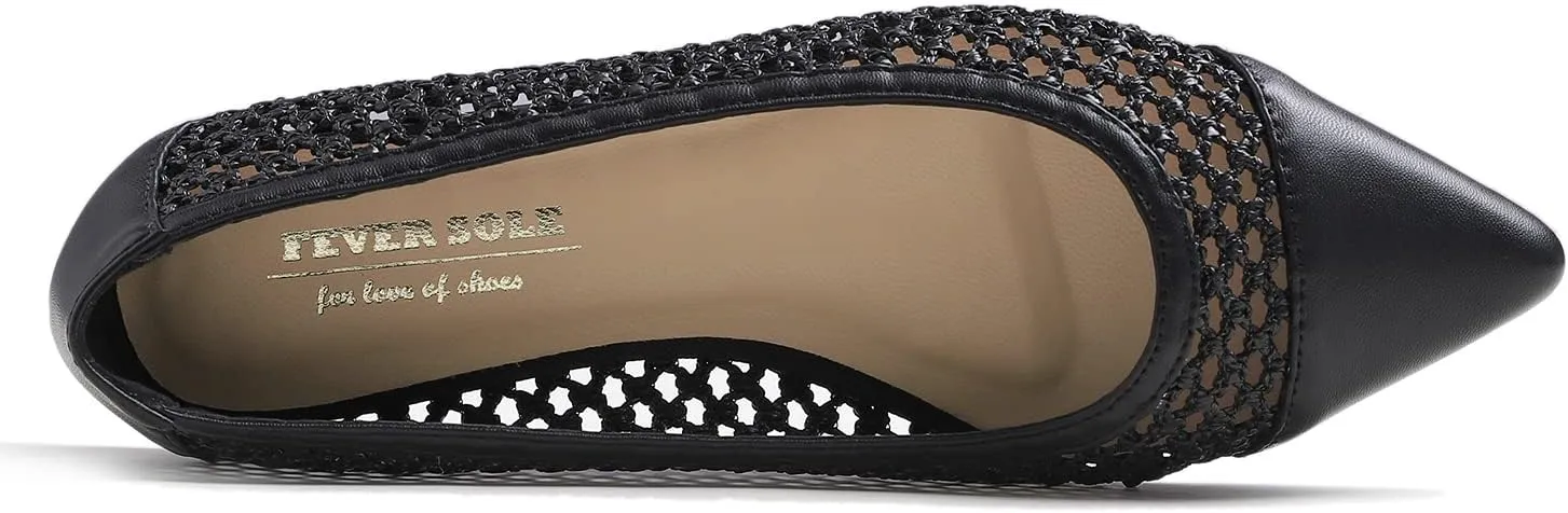 FEVERSOLE Women's Woven Pointy Fashion Cutouts Breathable Knit Flat Shoes