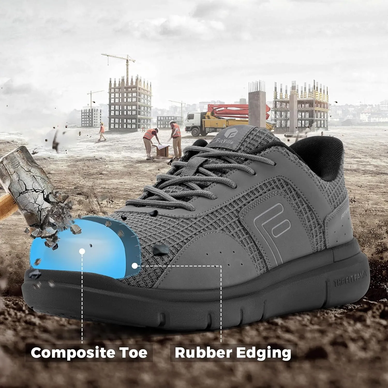 FitVille Exitra Wide Steel Toe Shoes for Men Puncture Proof Composite Toe Safety Work Shoes with Arch Support