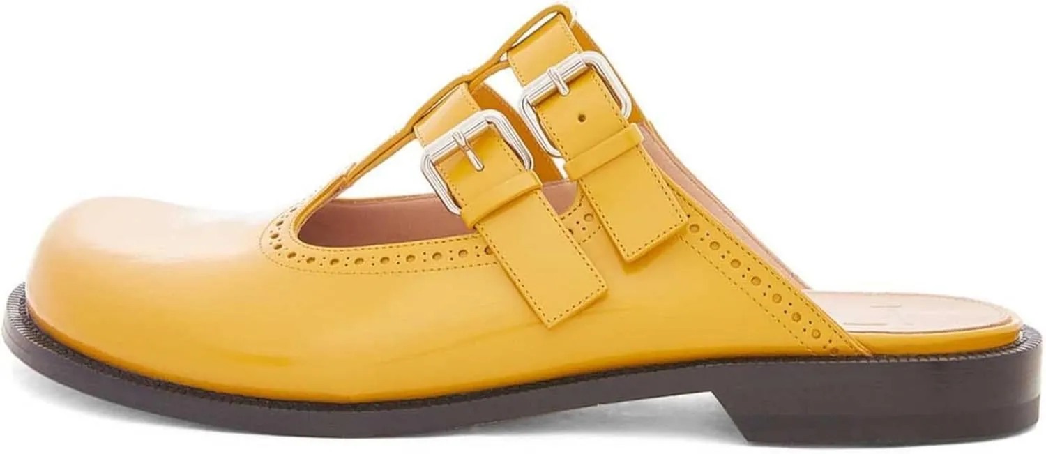 Flats Mules for Women Round Toe Low Heel Sandals Baotou Double Belt Buckle Mary Jane Flat Slip-on Backless Comfortable Casual Walking Dress Party Soft Shoes