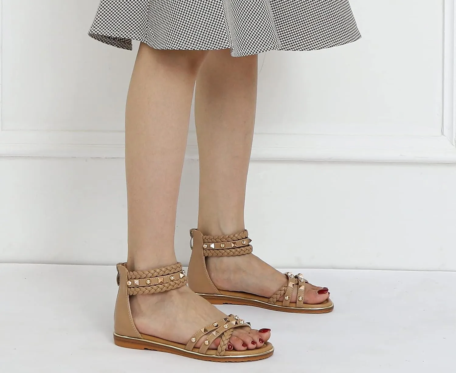 FRALOSHA Flat Sandals for Women Open Toe Summer Dressy Flat Rivet Beach Sandal Ankle Strap Casual Shoes with Zipper