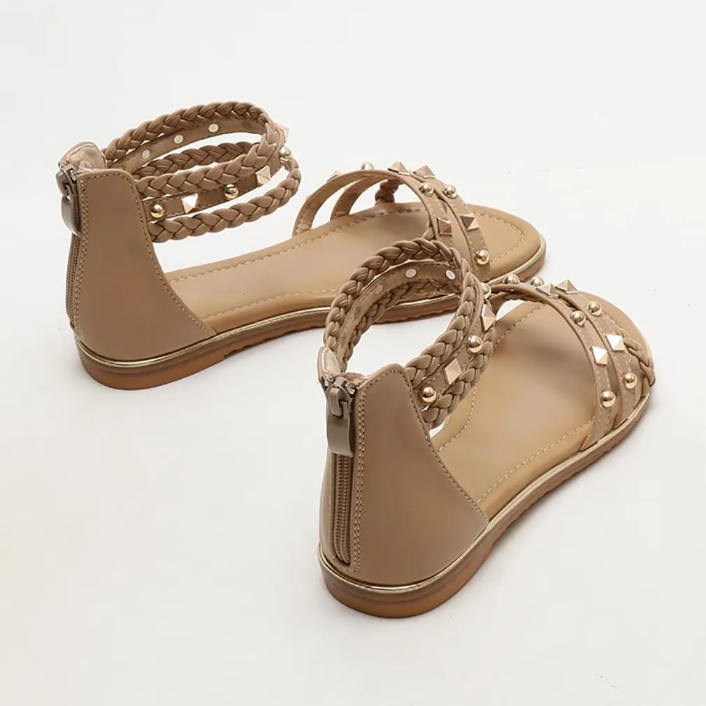 FRALOSHA Flat Sandals for Women Open Toe Summer Dressy Flat Rivet Beach Sandal Ankle Strap Casual Shoes with Zipper