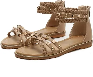 FRALOSHA Flat Sandals for Women Open Toe Summer Dressy Flat Rivet Beach Sandal Ankle Strap Casual Shoes with Zipper