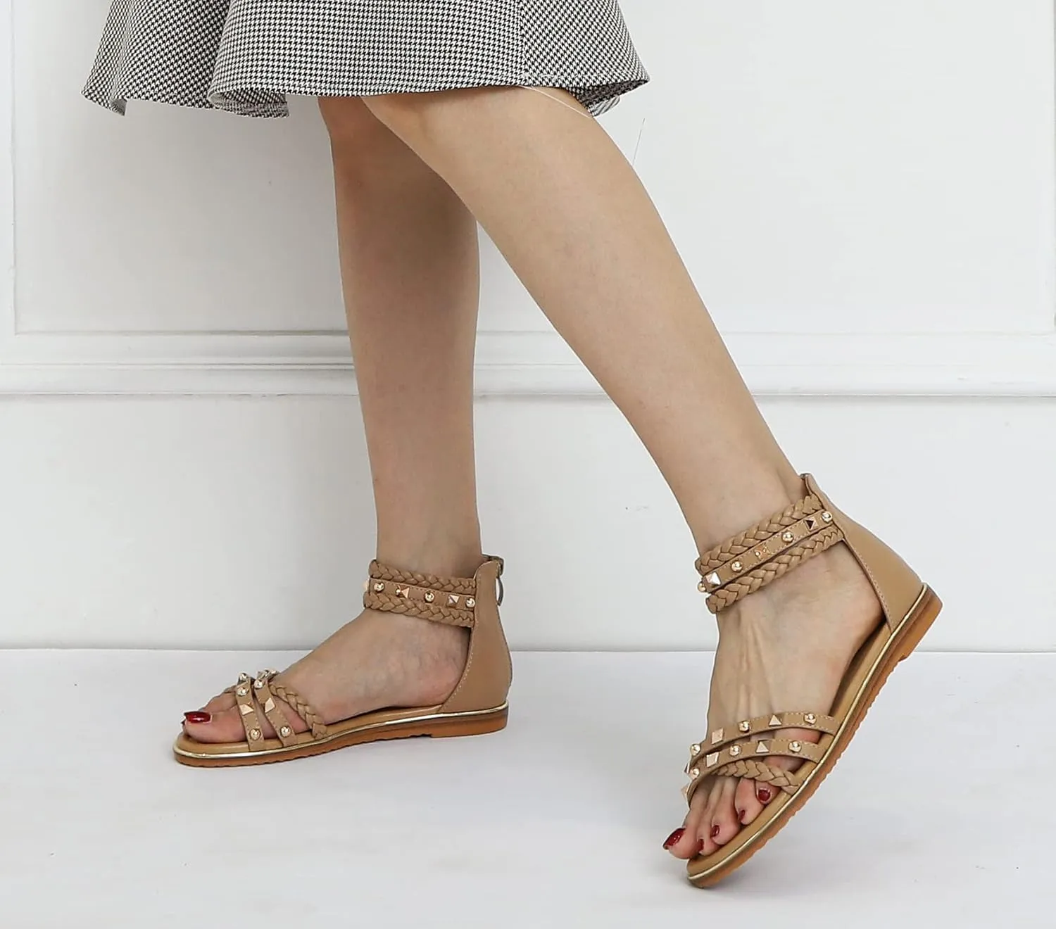FRALOSHA Flat Sandals for Women Open Toe Summer Dressy Flat Rivet Beach Sandal Ankle Strap Casual Shoes with Zipper