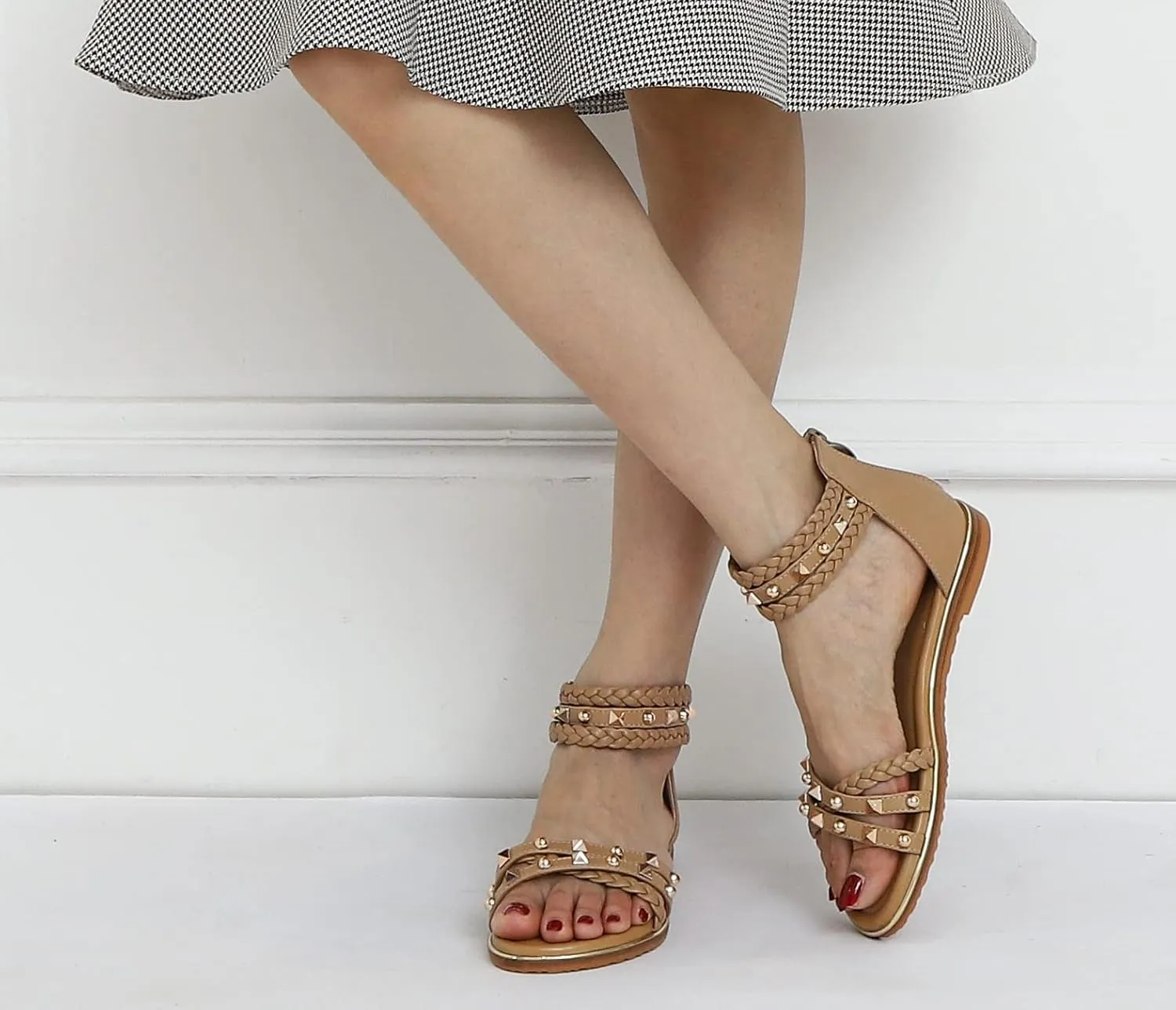 FRALOSHA Flat Sandals for Women Open Toe Summer Dressy Flat Rivet Beach Sandal Ankle Strap Casual Shoes with Zipper